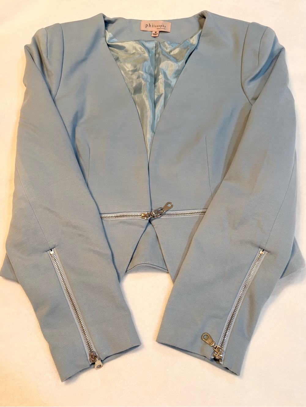 Philosophy Powder Blue Cropped Open Blazer with Zip Accents